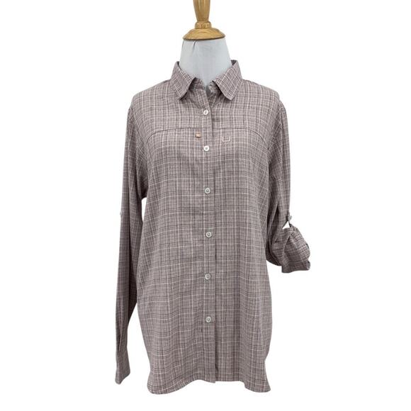 Huk Shirt Womens L Large Multi Tide Point Long Tab Sleeve Cross Dye Button Up - Picture 1 of 11
